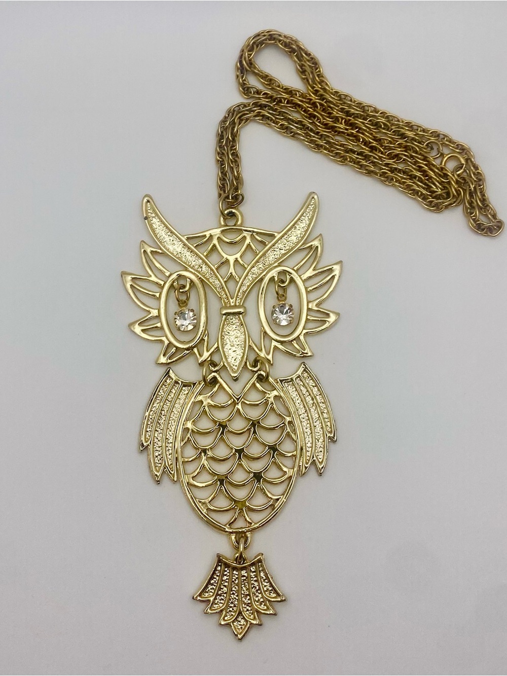 Vintage 70s Gold Articulated Owl Pendant Statement Necklace 23"